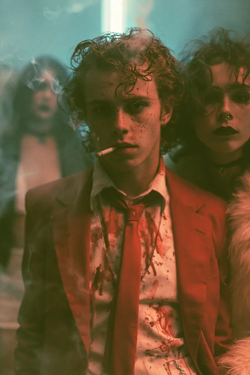 Moody portrait of young people with dramatic lighting and styled clothing