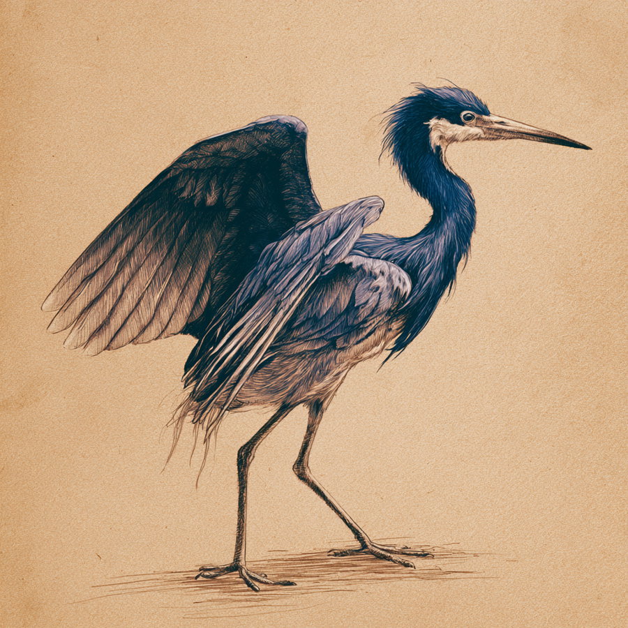 A finely detailed illustration of a blue heron standing with one wing partially raised against a beige textured background