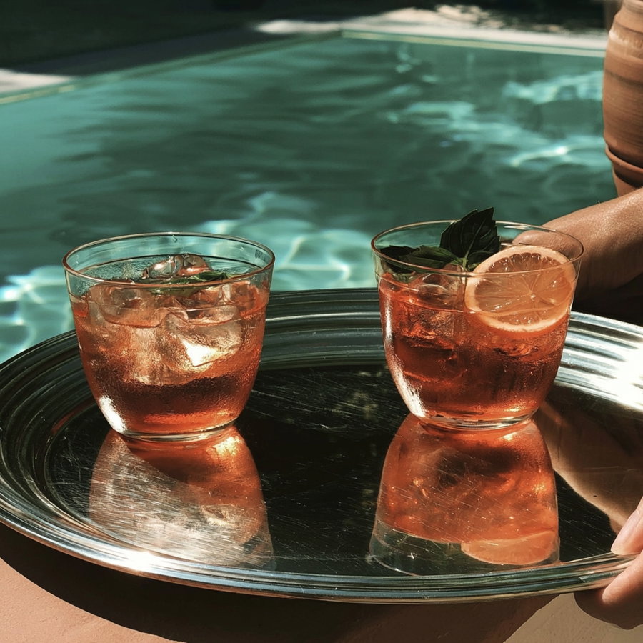 Two glasses containing iced red cocktails with herbs and a lemon slice on a reflective silver tray held by a person near a swimming pool