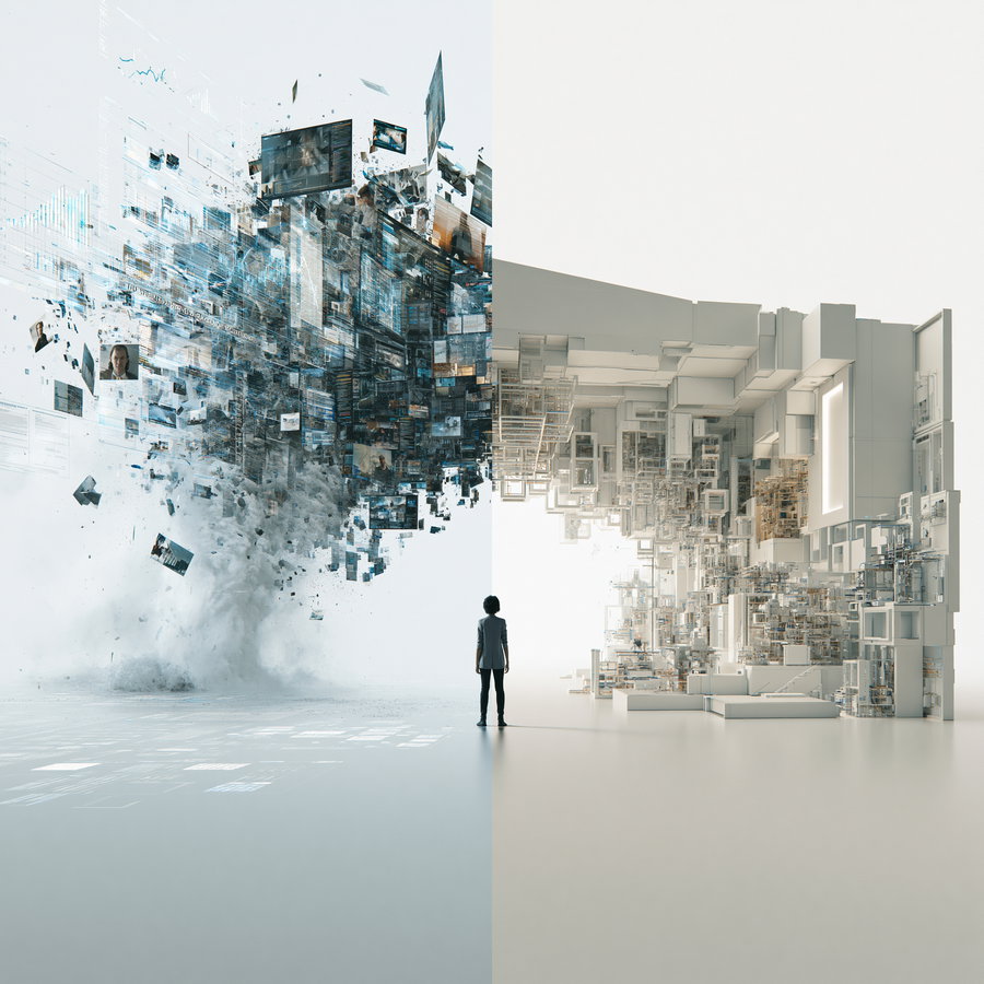 A person stands in the middle of an abstract, divided space featuring a chaotic digital collage of floating screens and data on the left and a complex, structured assemblage of white and beige architectural elements on the right