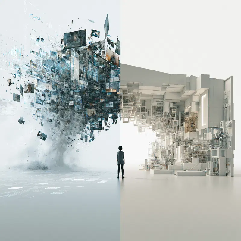 Surreal digital art depicting a person between two contrasting abstract data structures