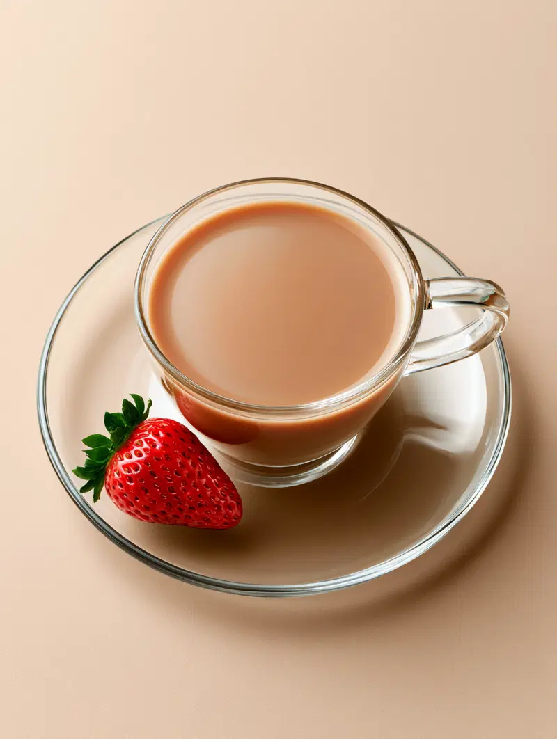 Close-up of a cup of tea with milk and a fresh strawberry on a glass saucer