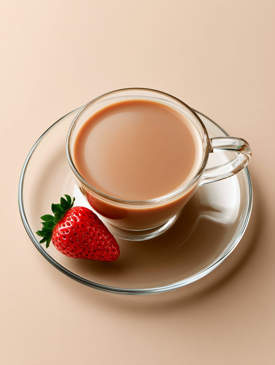 A clear glass cup filled with tea with milk placed on a matching glass saucer, with a fresh red strawberry next to the cup, all on a light beige background.