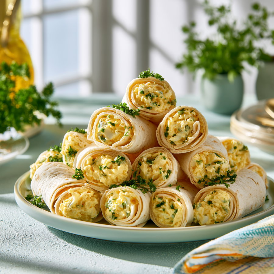A plate stacked with tortilla wraps filled with scrambled eggs and chopped herbs, arranged in a pyramid shape on a light blue surface with blurred background featuring green plants and kitchen items.