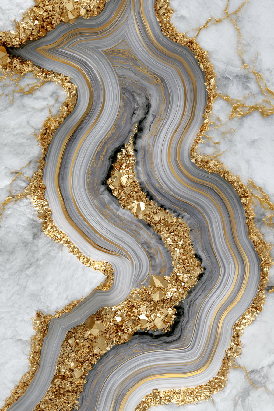 A close-up image of an abstract composition showing swirling gray and white mineral layers accented with shiny, golden crystal-like formations along the edges and central area.