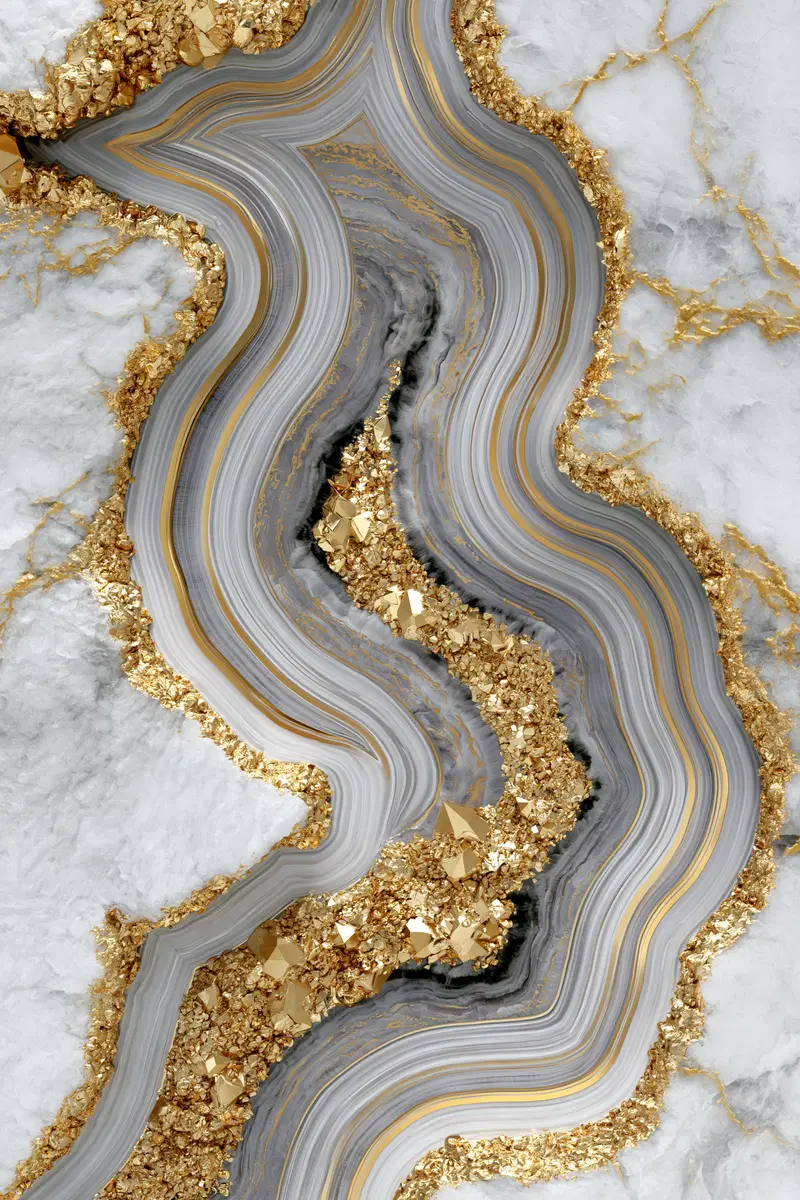 Abstract close-up of textured gray and gold mineral layers with sparkling crystal formations