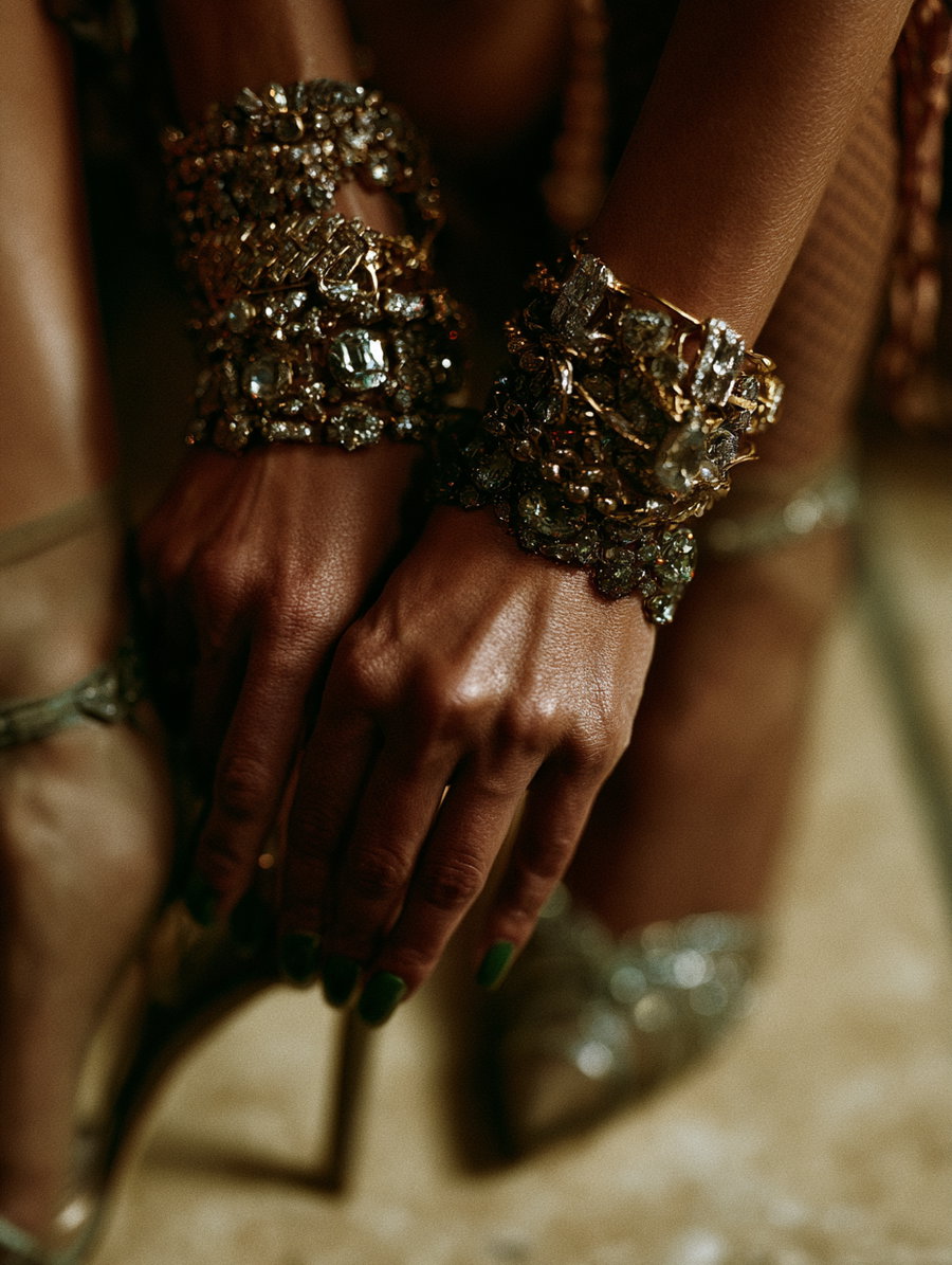 A close-up image focusing on hands wearing multiple sparkling jeweled bracelets with a background of blurred high-heeled shoes.