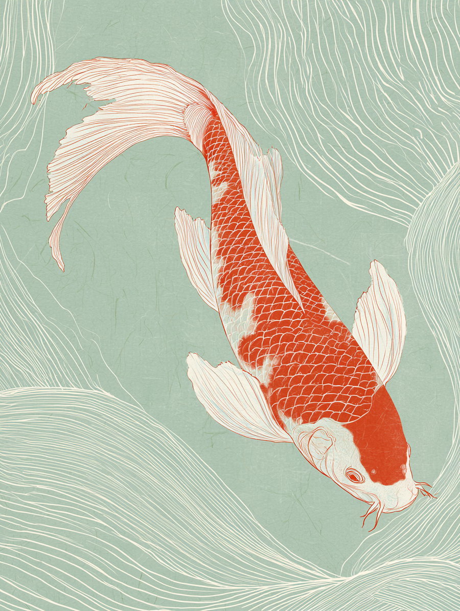 Illustration of an orange and white koi fish swimming on a green background with white abstract water wave patterns