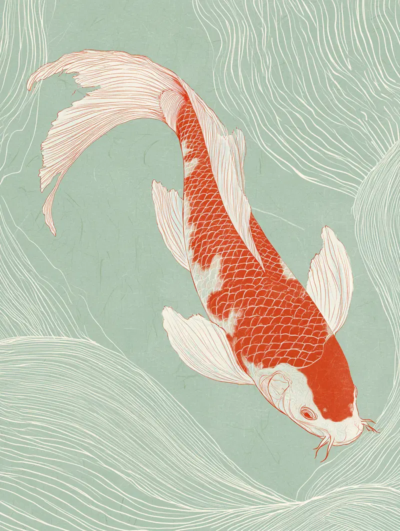 Detailed illustration of a koi fish swimming against abstract water patterns
