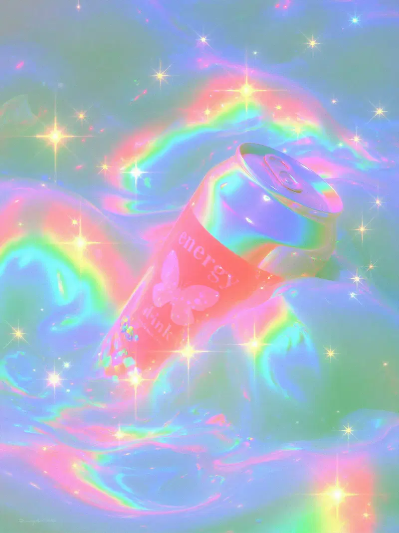Surreal holographic energy drink can with sparkling star effects