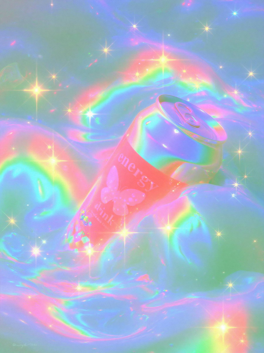 A holographic can labeled energy drink surrounded by glowing rainbow and star-like sparkles creating a dreamy surreal effect
