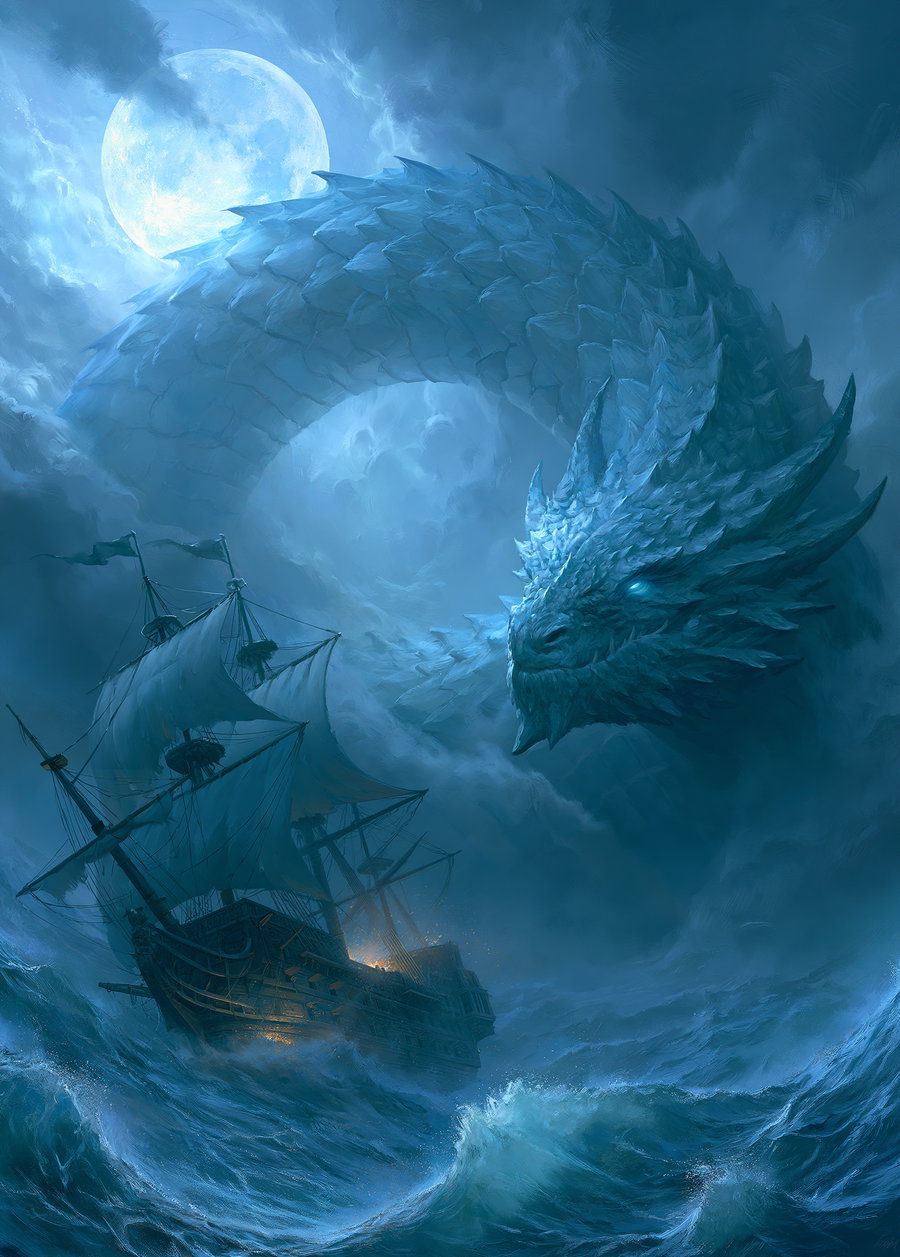 A large, blue-scaled dragon with glowing eyes looming over a sailing ship in rough ocean waves under a cloudy sky with a bright full moon