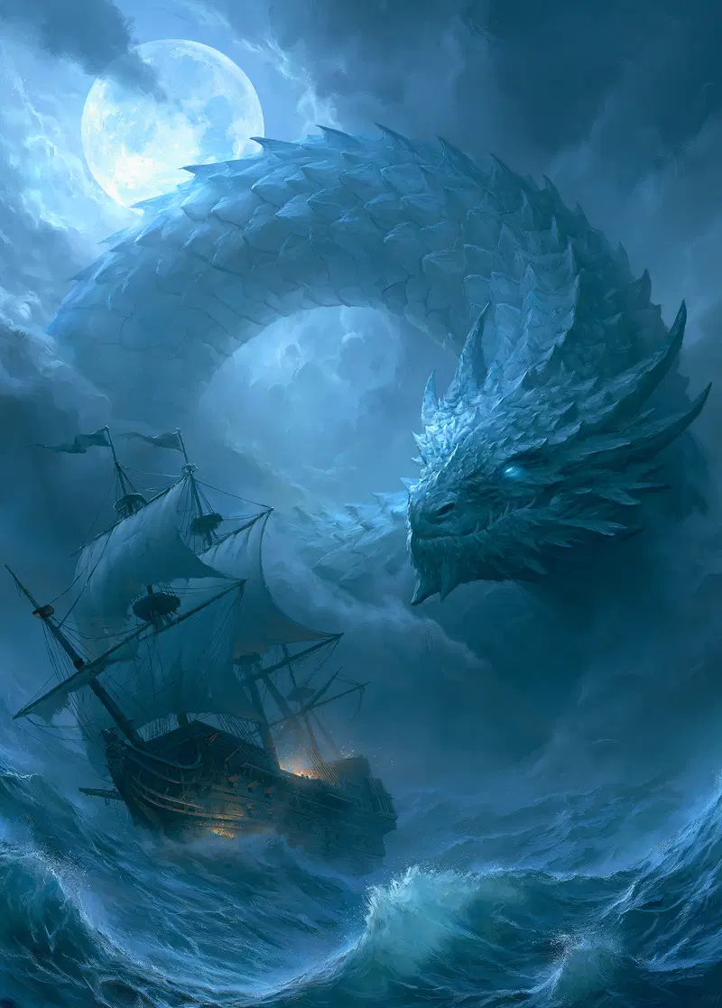 Epic fantasy scene of a giant dragon confronting a ship under a full moon