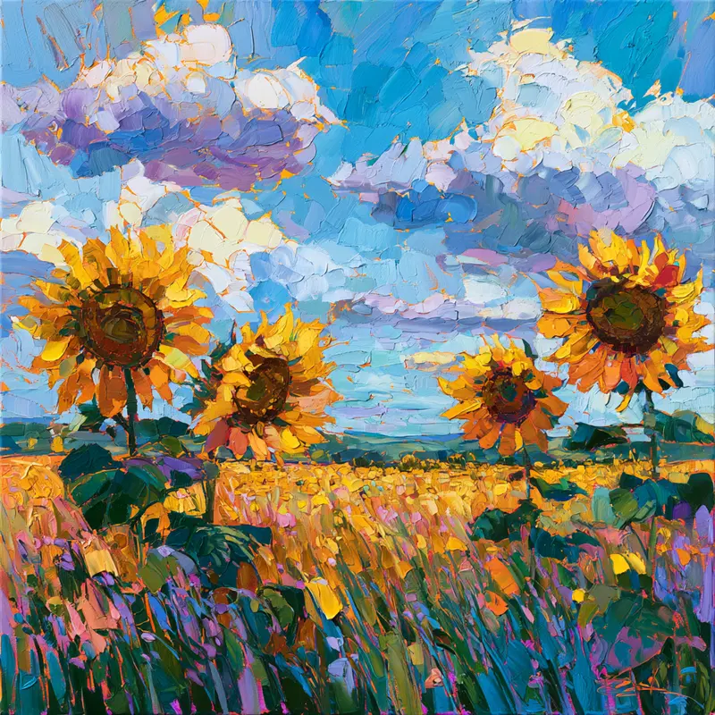 Vibrant oil painting of sunflowers in a field under a dynamic sky