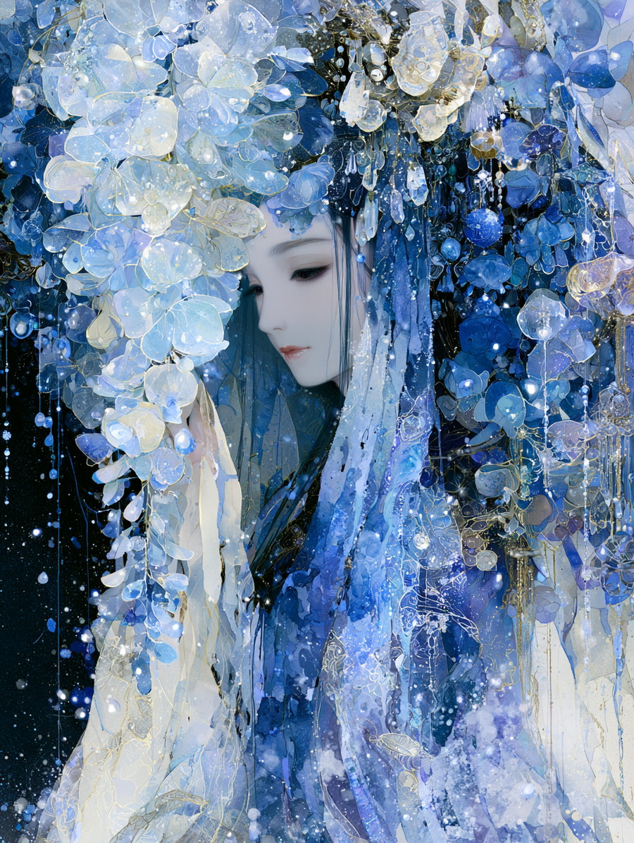 Digital painting of a serene woman with pale skin and dark hair, surrounded by cascading blue and white translucent flowers and petals with intricate details and golden accents