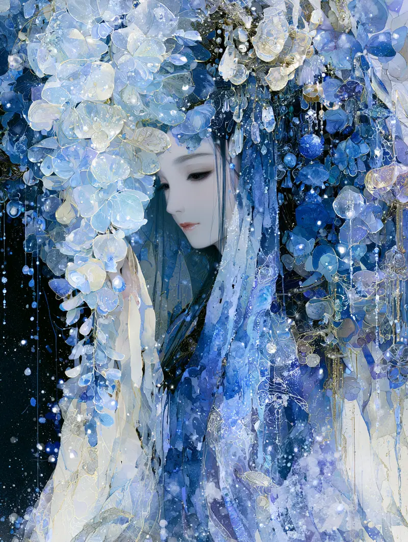 Ethereal fantasy portrait of a woman adorned with blue and white floral elements