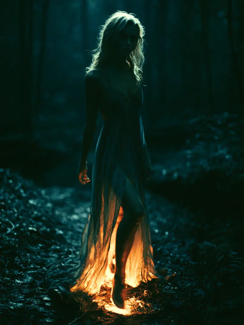 Ethereal woman walking through a dark forest with glowing light beneath her