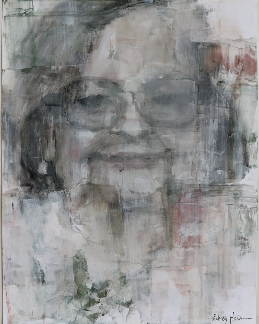 A textured abstract painting featuring a semi-abstract portrait of a person with glasses, using muted tones of gray, white, and hints of pink and green.