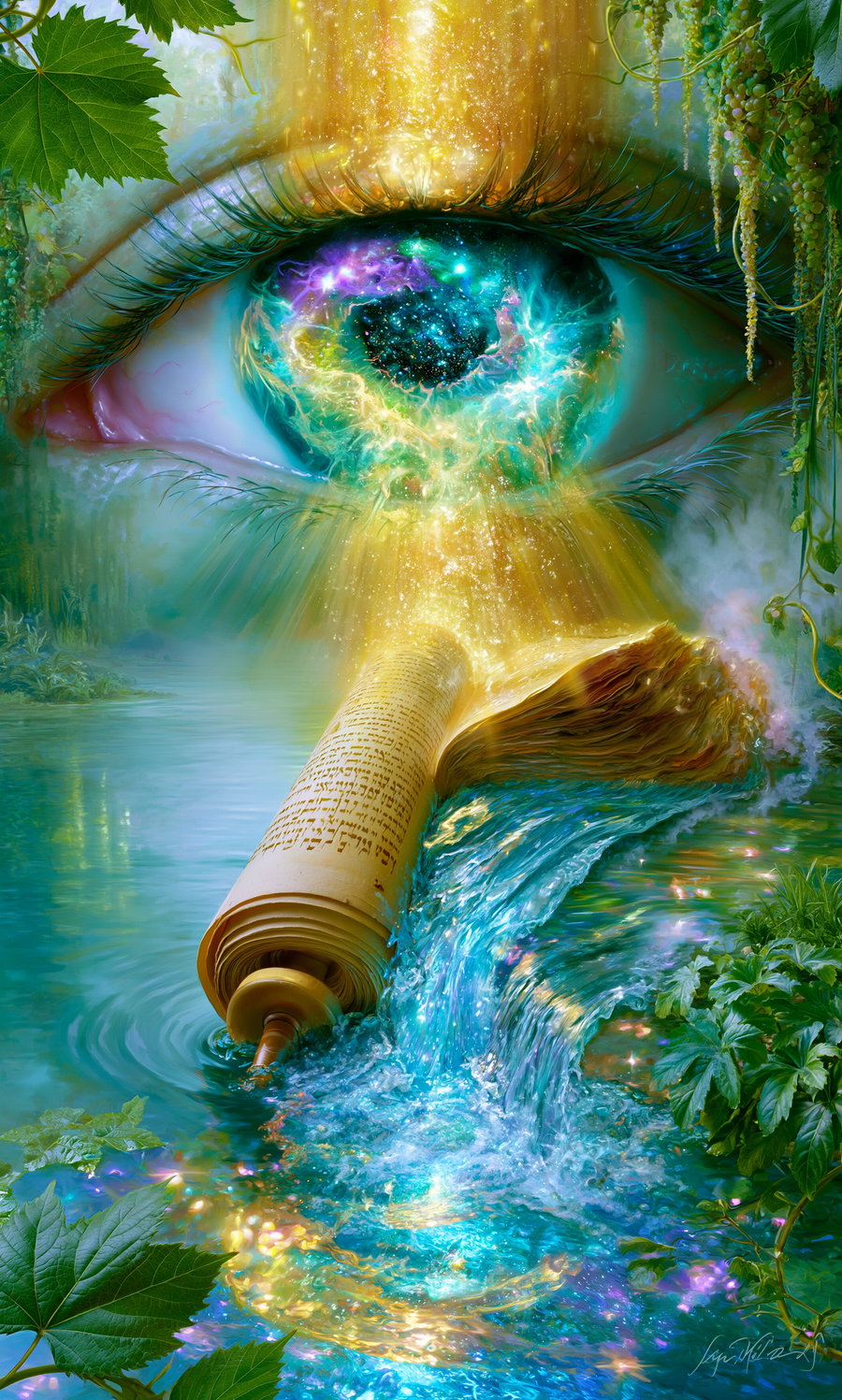 A large mystical human eye with a colorful cosmic iris above a vibrant glowing ancient scroll partially submerged in water with flowing magic light and surrounded by lush green leaves and vines