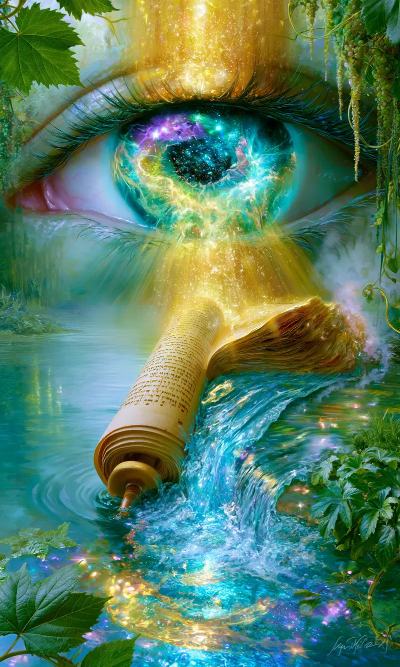 Surreal fantasy illustration of a mystical eye and glowing ancient scroll over water