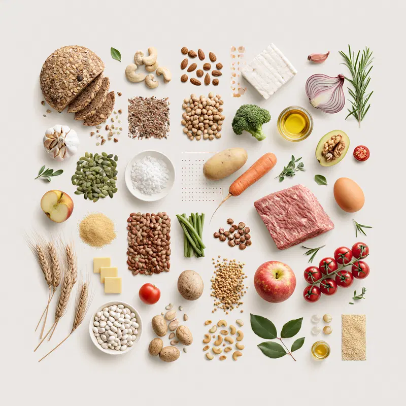 Neatly arranged variety of fresh and dry food ingredients on white background