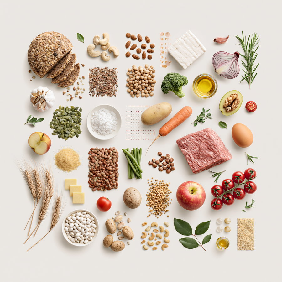 Flat lay of various food items including sliced bread, nuts, seeds, vegetables, fruits, herbs, an egg, cheese, and minced meat on a white background