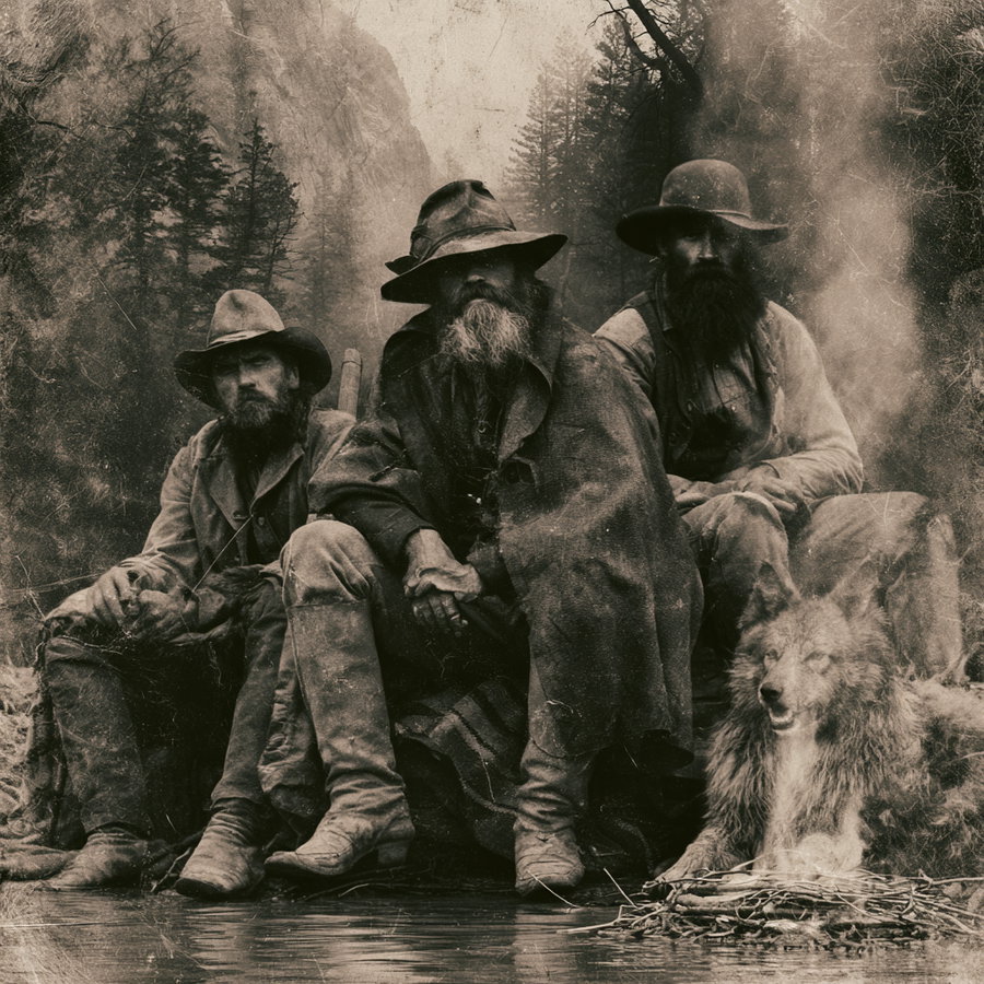 sepia-toned image of three bearded men in old-fashioned clothes and hats sitting near a water body with a wolf lying beside them in a forest setting