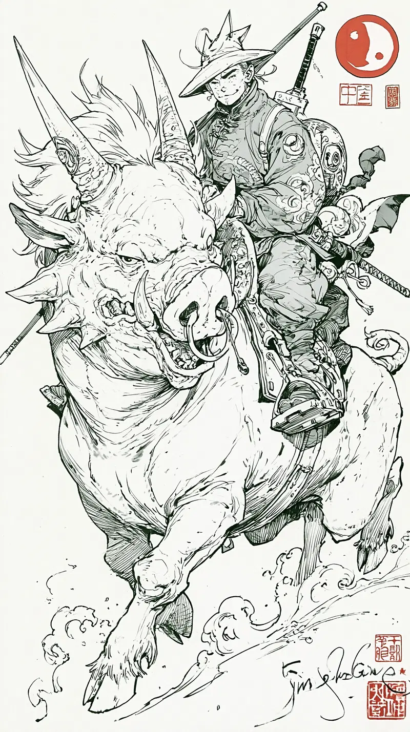 Detailed ink drawing of a warrior riding a large mythical horned beast