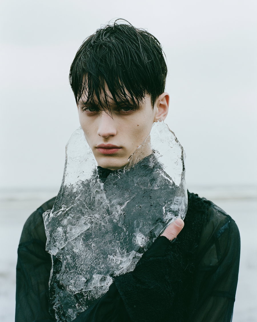 Close-up portrait of a young man with wet black hair wearing a sheer black top and holding a large piece of clear ice in front of his chest against a blurry outdoor background