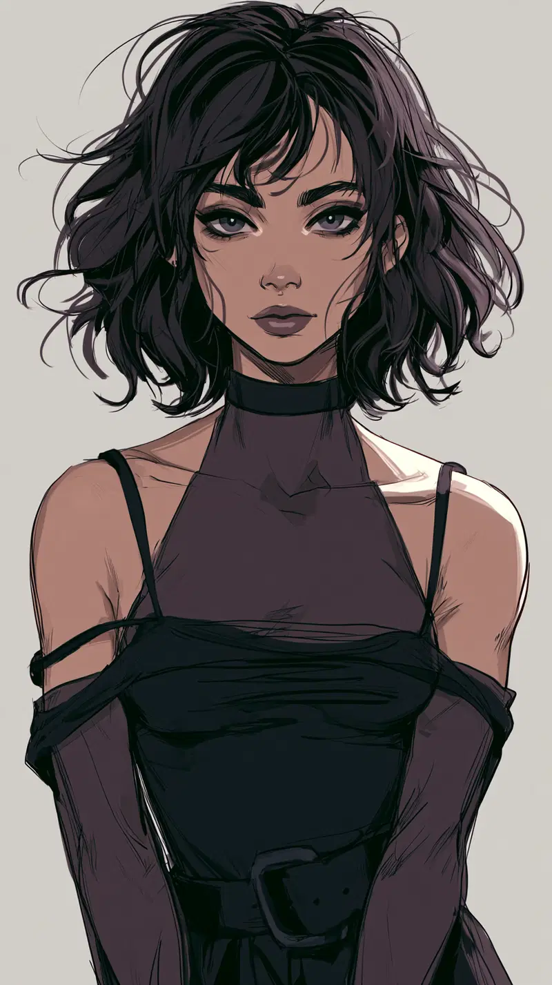 Digital portrait of a young woman with dark hair and elegant black attire