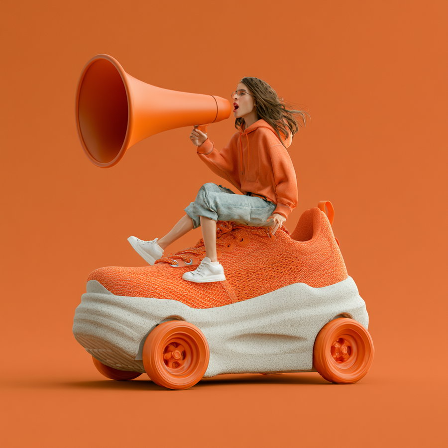 A young woman in an orange hoodie and jeans sitting on a giant orange and white sneaker with wheels, holding a large orange megaphone and shouting, all against an orange background