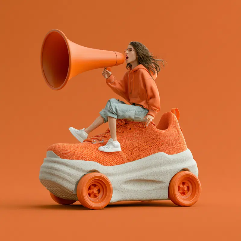 Creative scene of a woman shouting into a large orange megaphone while sitting on an oversized sneaker with wheels