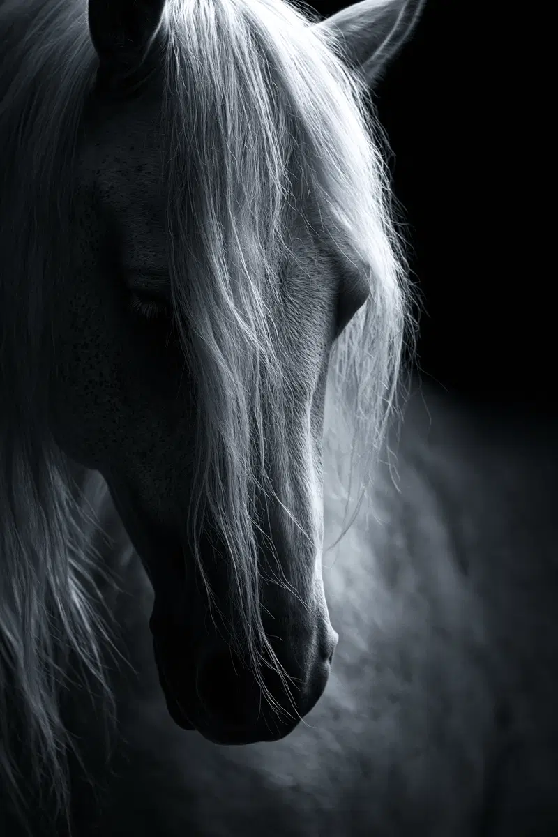 Artistic black and white portrait of a horse with flowing mane