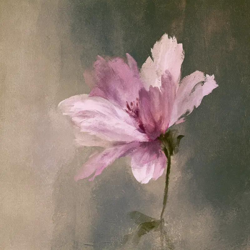 Delicate watercolor painting of a pink flower with textured background