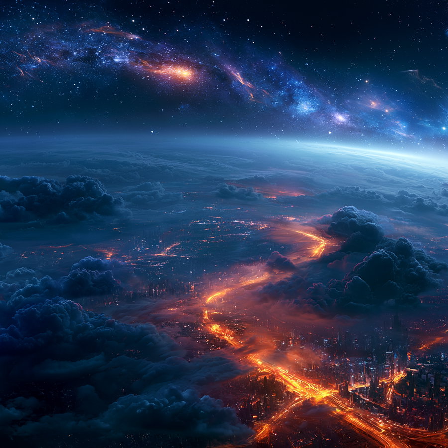A digital sci-fi cityscape at night with glowing orange lights resembling flowing lava, dense clouds, and a vibrant starry cosmic sky with nebulae and bright celestial objects above the earth's horizon.
