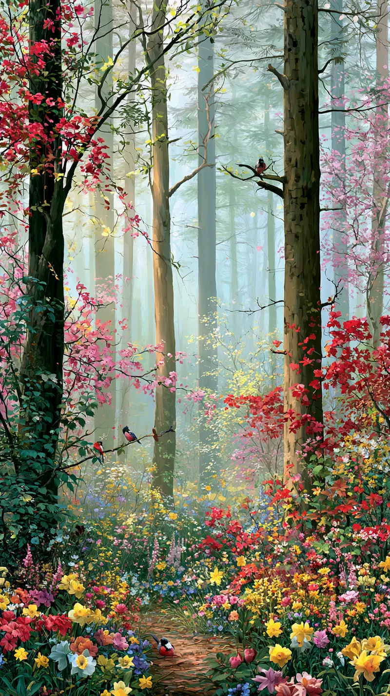 Vibrant spring forest filled with colorful flowers and birds on a misty morning