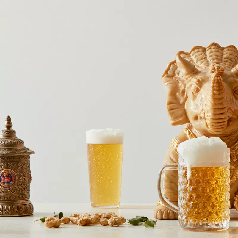 Still life photography of beers with peanuts and elephant sculpture on table