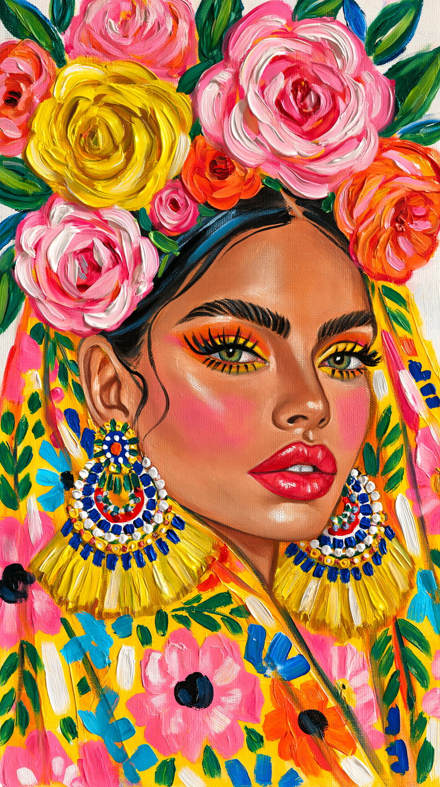An oil painting of a woman's face with detailed makeup, large colorful floral headpiece, and bright patterned clothing with bold earrings