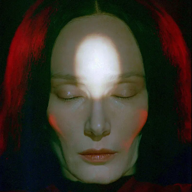 Close-up portrait of a person with eyes closed illuminated by artistic lighting