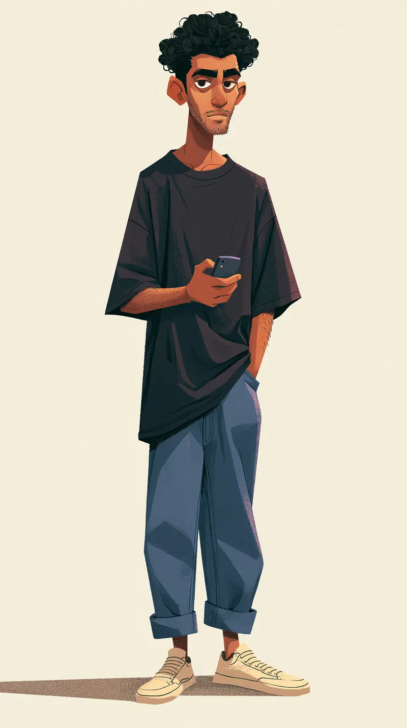 Stylized full-body illustration of a casually dressed young man holding a phone