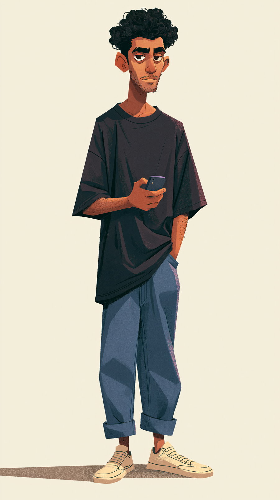 Illustration of a young man with curly hair wearing a loose black t-shirt, rolled-up blue jeans, beige sneakers, holding a phone in one hand and the other hand in pocket, standing against a plain background