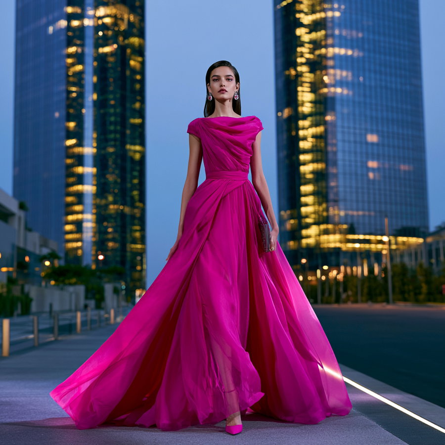 A female model walking on city street in an elegant flowing magenta evening gown with modern skyscrapers lit at dusk in the background