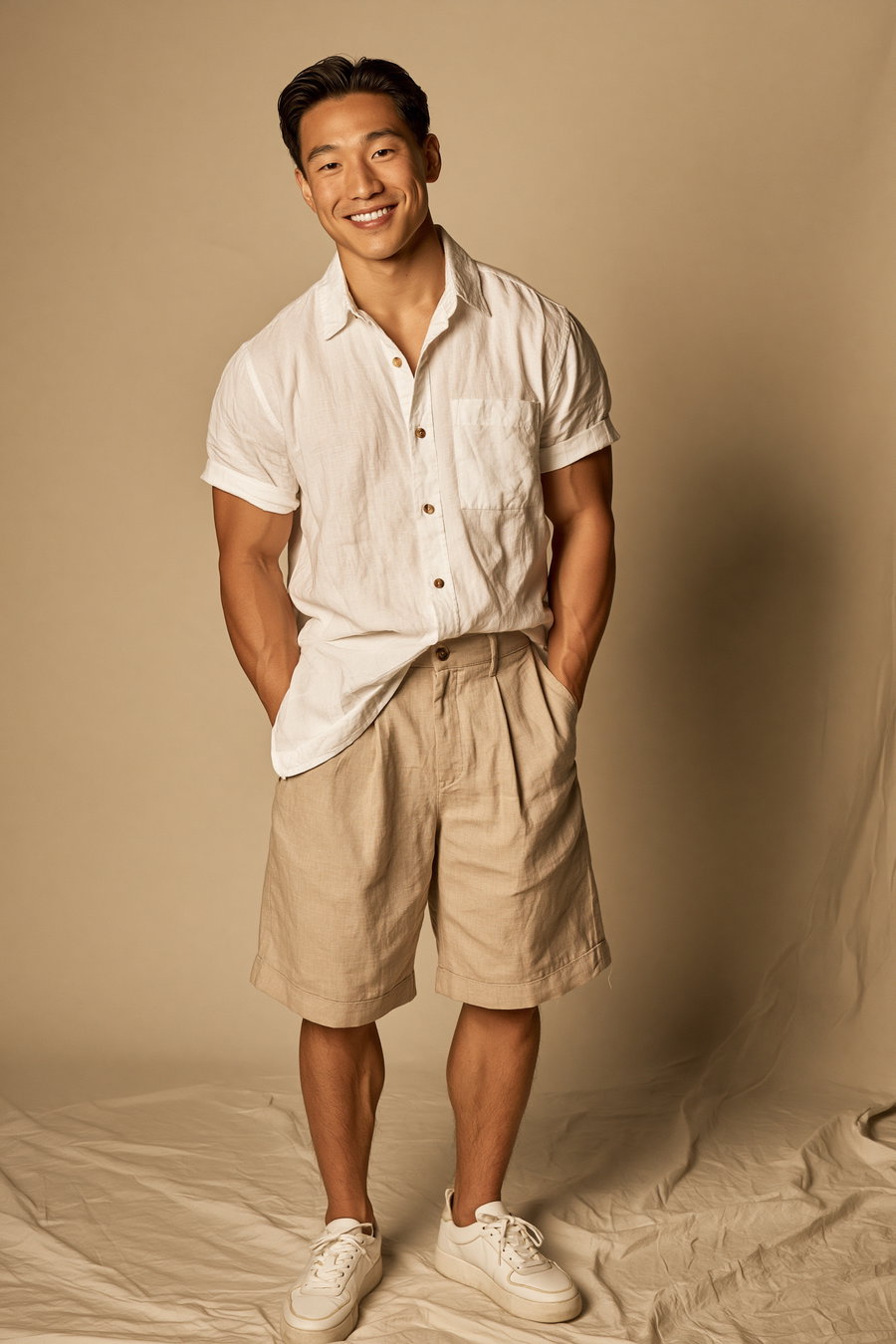 Young man standing with hands in pockets wearing a white short-sleeved button-up shirt, beige shorts, and white sneakers, smiling against a beige fabric backdrop