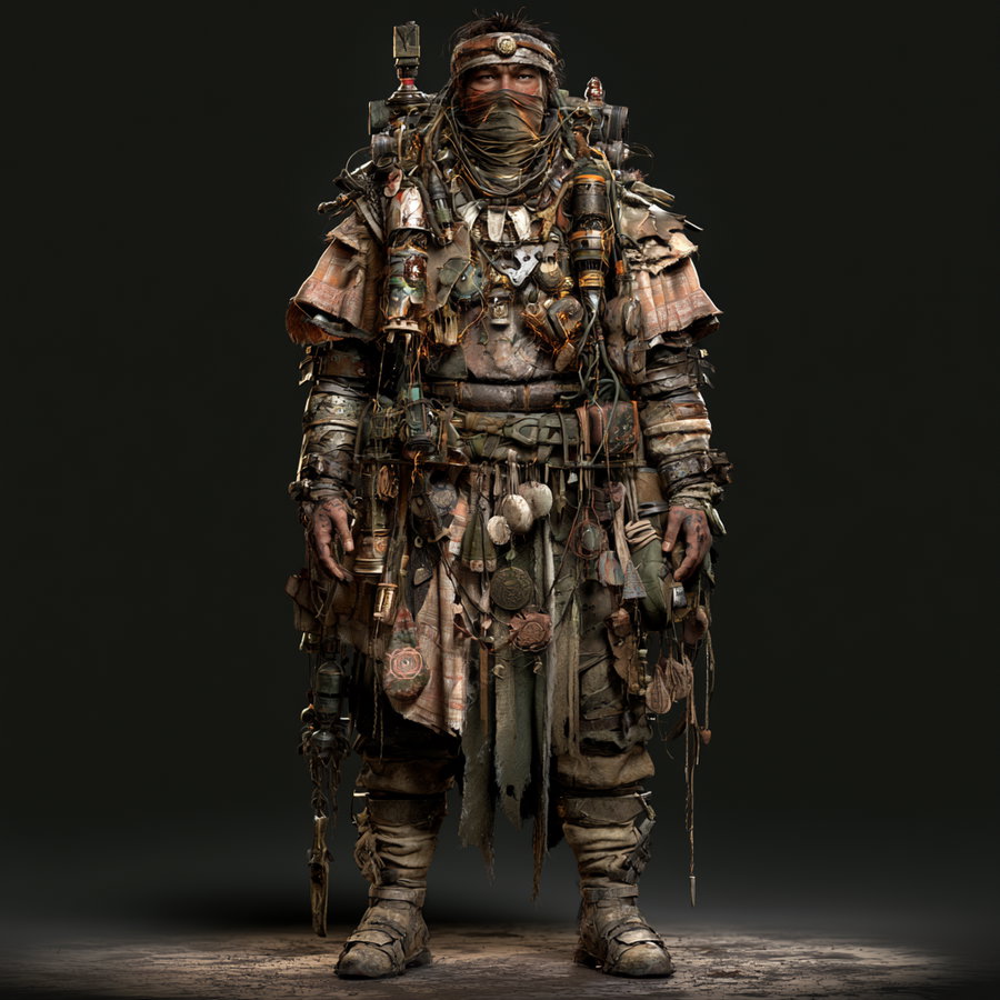 Front view of a character wearing a complex, rugged outfit made of leather, cloth, and mechanical parts, with a masked face and various accessories hanging from their clothing