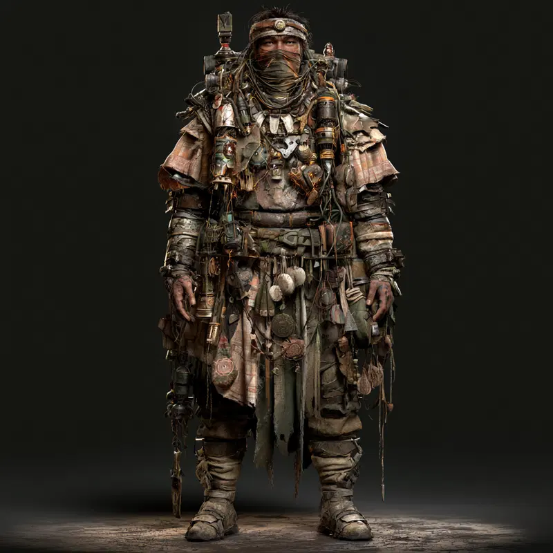 Highly detailed character design of a post-apocalyptic scavenger in rugged attire
