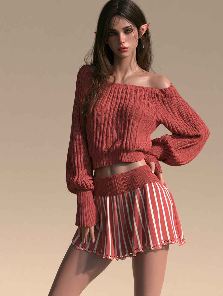 A digital artwork of a young woman with pointed elf ears wearing a red off-shoulder sweater and a red and white striped skirt, standing against a plain beige background.