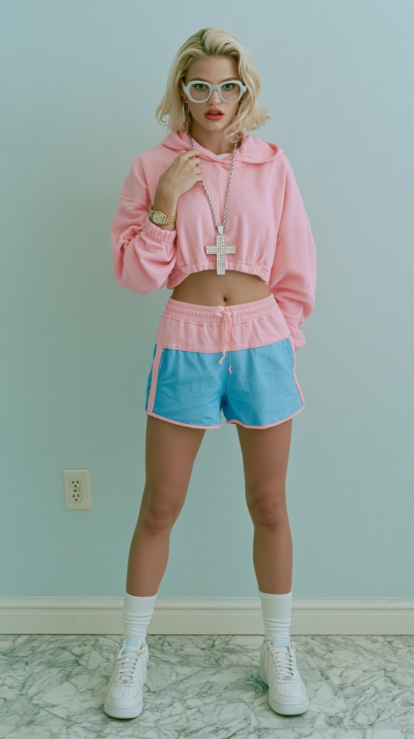 A young woman standing indoors against a pale blue wall, wearing a pink cropped hoodie, blue and pink shorts, white sneakers, white socks, large glasses, and a large cross necklace.