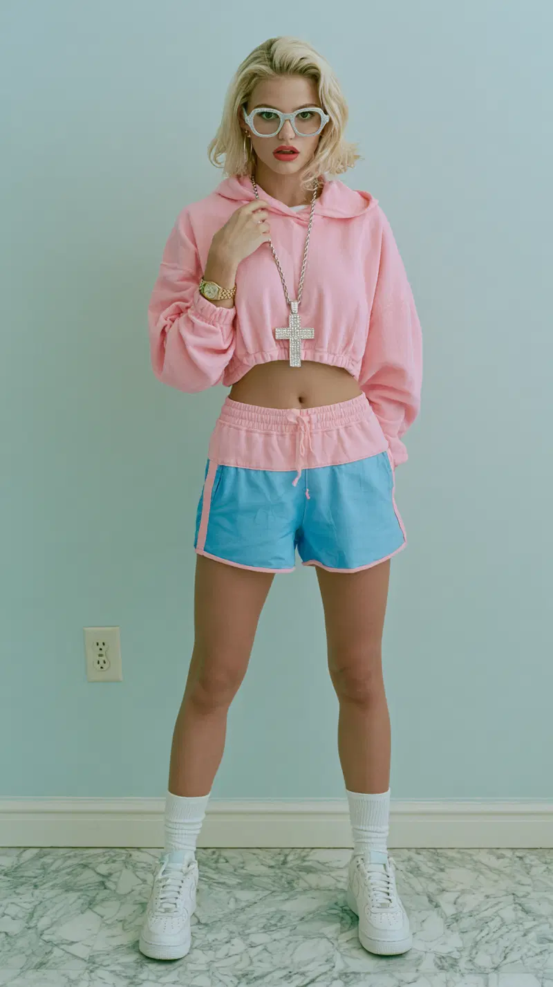 Portrait of a young woman in casual pastel outfit with oversized glasses and jewelry