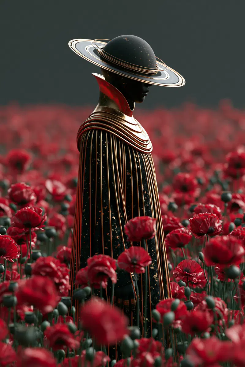 Surreal fantasy figure with planetary halo standing in a field of red flowers