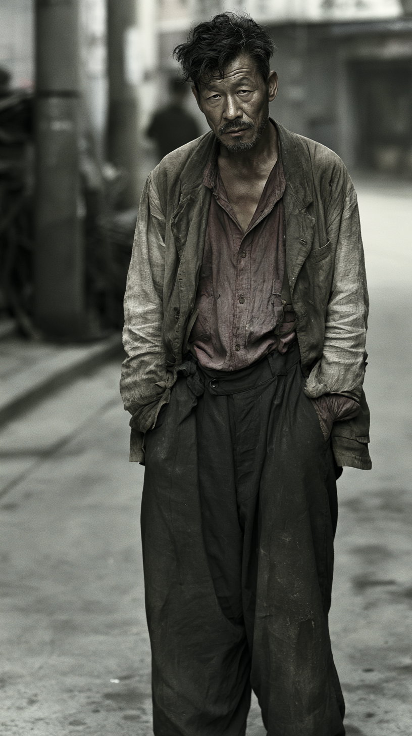 A man with messy hair and a beard is wearing dirty, worn-out clothes consisting of a long sleeve shirt, a loose jacket, and baggy pants, standing with hands in pockets on a street with blurred background.